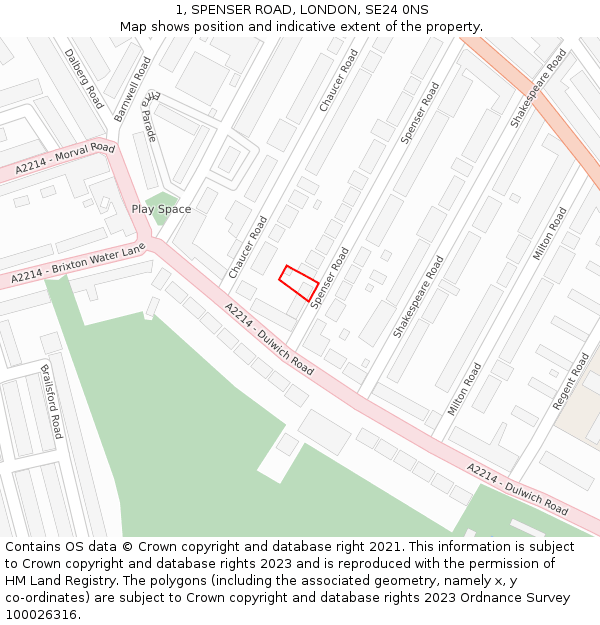 1, SPENSER ROAD, LONDON, SE24 0NS: Location map and indicative extent of plot