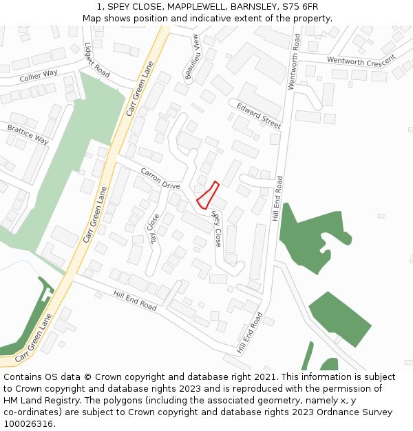 1, SPEY CLOSE, MAPPLEWELL, BARNSLEY, S75 6FR: Location map and indicative extent of plot