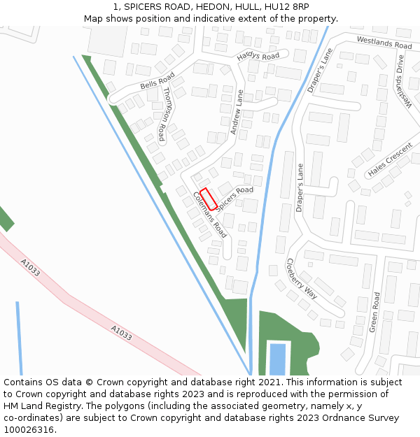 1, SPICERS ROAD, HEDON, HULL, HU12 8RP: Location map and indicative extent of plot