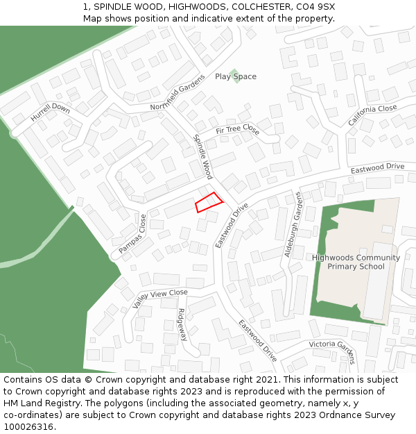 1, SPINDLE WOOD, HIGHWOODS, COLCHESTER, CO4 9SX: Location map and indicative extent of plot