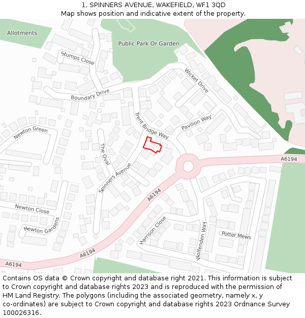 1, SPINNERS AVENUE, WAKEFIELD, WF1 3QD: Location map and indicative extent of plot