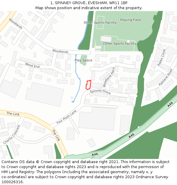 1, SPINNEY GROVE, EVESHAM, WR11 1BF: Location map and indicative extent of plot