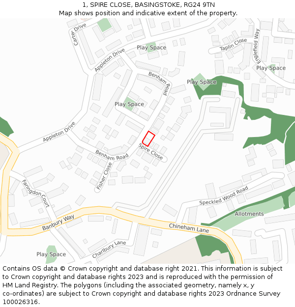 1, SPIRE CLOSE, BASINGSTOKE, RG24 9TN: Location map and indicative extent of plot