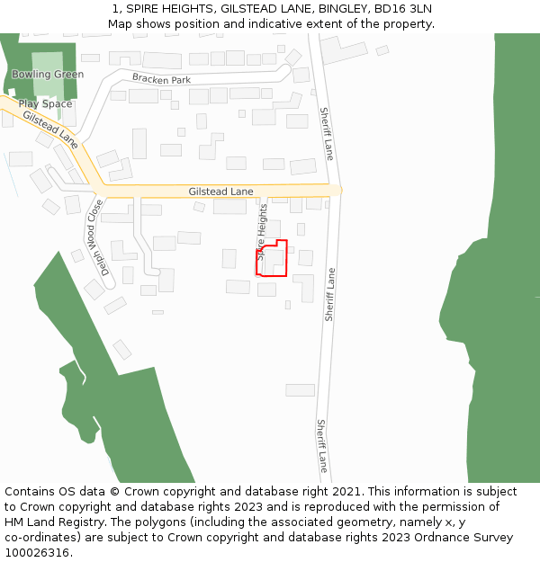 1, SPIRE HEIGHTS, GILSTEAD LANE, BINGLEY, BD16 3LN: Location map and indicative extent of plot