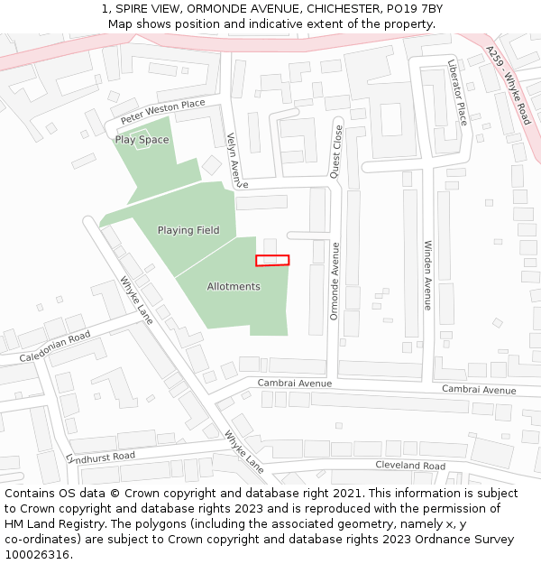 1, SPIRE VIEW, ORMONDE AVENUE, CHICHESTER, PO19 7BY: Location map and indicative extent of plot
