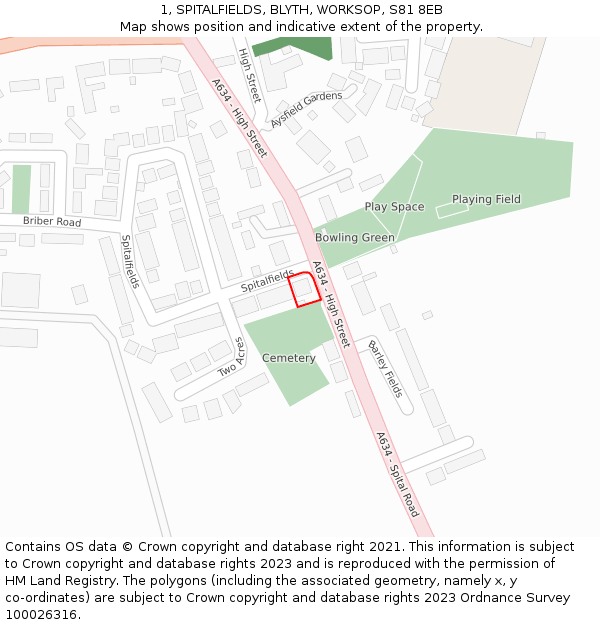1, SPITALFIELDS, BLYTH, WORKSOP, S81 8EB: Location map and indicative extent of plot