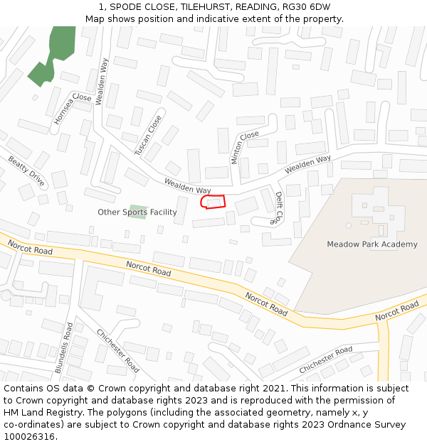 1, SPODE CLOSE, TILEHURST, READING, RG30 6DW: Location map and indicative extent of plot
