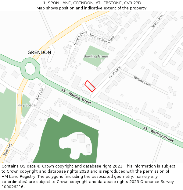 1, SPON LANE, GRENDON, ATHERSTONE, CV9 2PD: Location map and indicative extent of plot