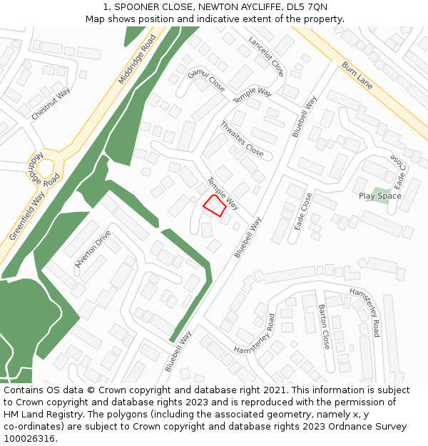 1, SPOONER CLOSE, NEWTON AYCLIFFE, DL5 7QN: Location map and indicative extent of plot