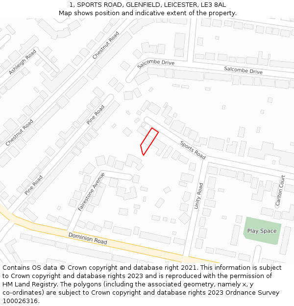 1, SPORTS ROAD, GLENFIELD, LEICESTER, LE3 8AL: Location map and indicative extent of plot