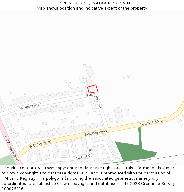 1, SPRING CLOSE, BALDOCK, SG7 5FN: Location map and indicative extent of plot