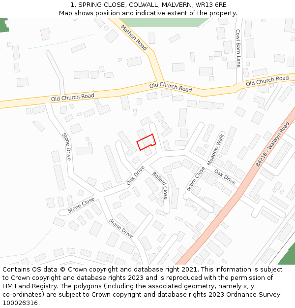 1, SPRING CLOSE, COLWALL, MALVERN, WR13 6RE: Location map and indicative extent of plot