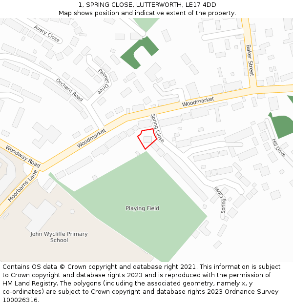 1, SPRING CLOSE, LUTTERWORTH, LE17 4DD: Location map and indicative extent of plot