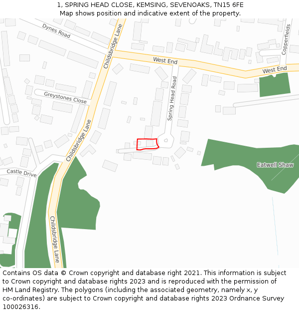 1, SPRING HEAD CLOSE, KEMSING, SEVENOAKS, TN15 6FE: Location map and indicative extent of plot