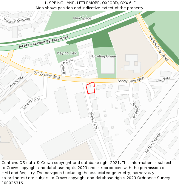 1, SPRING LANE, LITTLEMORE, OXFORD, OX4 6LF: Location map and indicative extent of plot