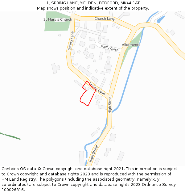 1, SPRING LANE, YIELDEN, BEDFORD, MK44 1AT: Location map and indicative extent of plot