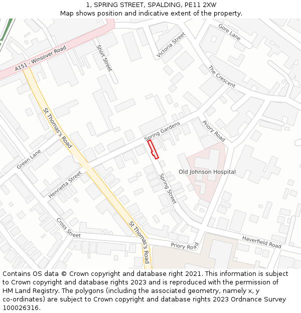 1, SPRING STREET, SPALDING, PE11 2XW: Location map and indicative extent of plot