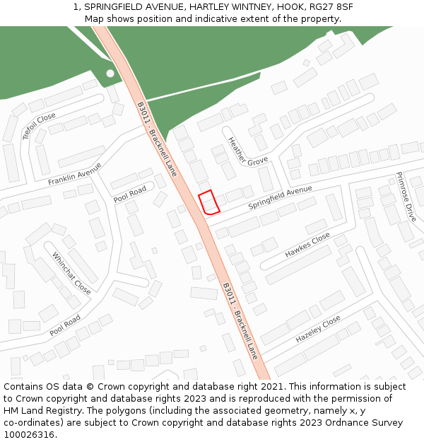 1, SPRINGFIELD AVENUE, HARTLEY WINTNEY, HOOK, RG27 8SF: Location map and indicative extent of plot
