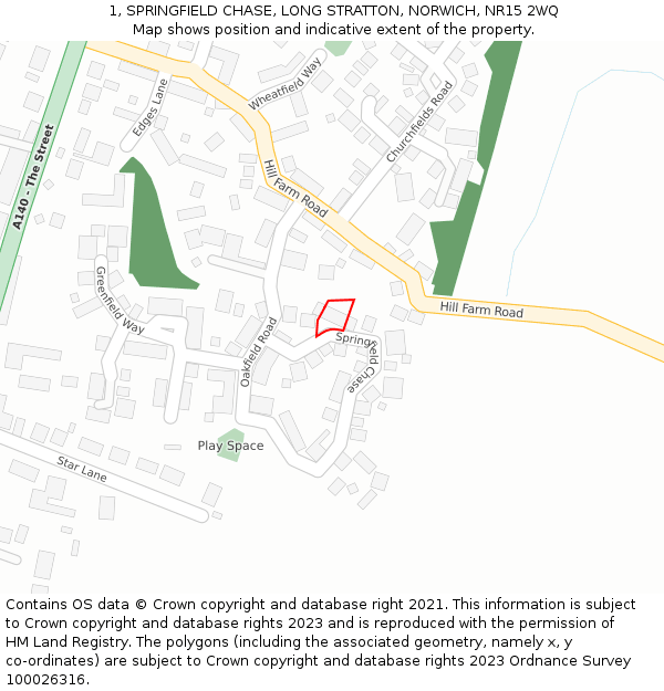 1, SPRINGFIELD CHASE, LONG STRATTON, NORWICH, NR15 2WQ: Location map and indicative extent of plot