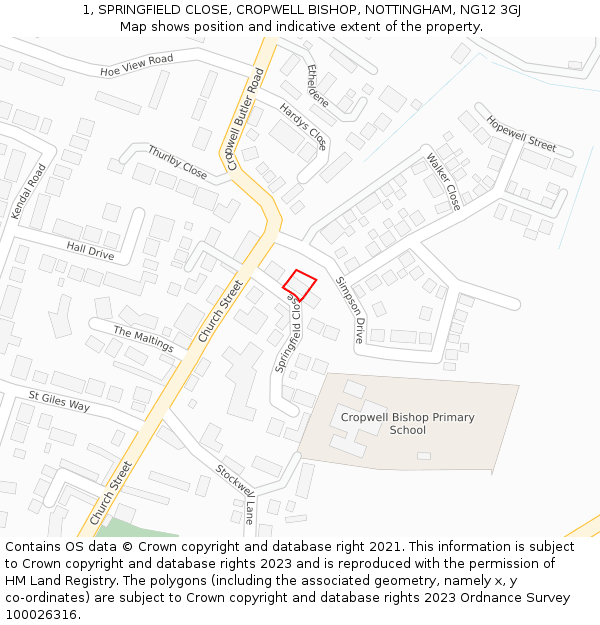 1, SPRINGFIELD CLOSE, CROPWELL BISHOP, NOTTINGHAM, NG12 3GJ: Location map and indicative extent of plot