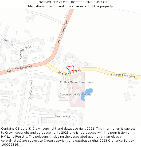 1, SPRINGFIELD CLOSE, POTTERS BAR, EN6 4AB: Location map and indicative extent of plot
