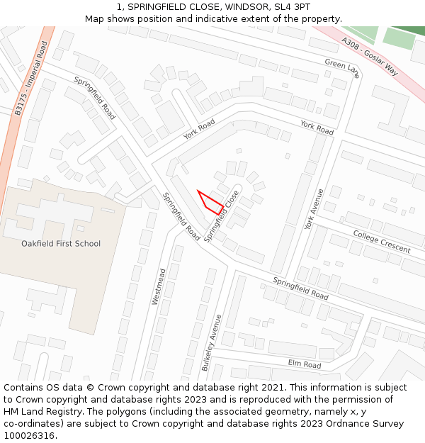 1, SPRINGFIELD CLOSE, WINDSOR, SL4 3PT: Location map and indicative extent of plot