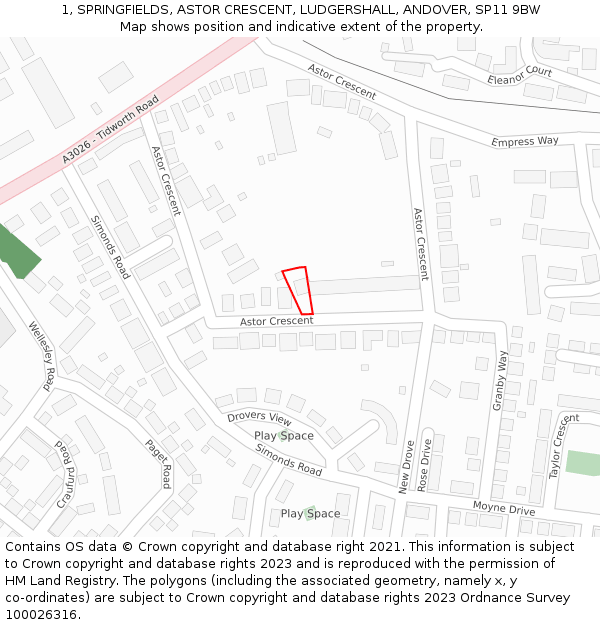 1, SPRINGFIELDS, ASTOR CRESCENT, LUDGERSHALL, ANDOVER, SP11 9BW: Location map and indicative extent of plot