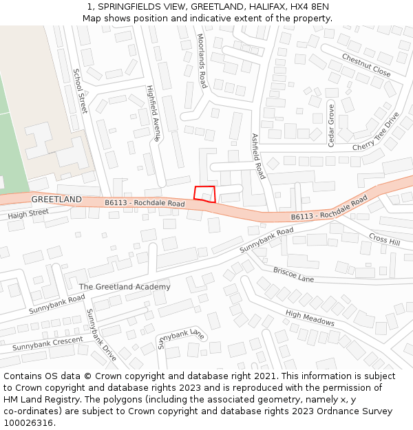 1, SPRINGFIELDS VIEW, GREETLAND, HALIFAX, HX4 8EN: Location map and indicative extent of plot