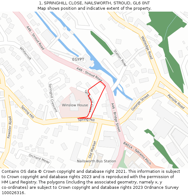 1, SPRINGHILL CLOSE, NAILSWORTH, STROUD, GL6 0NT: Location map and indicative extent of plot