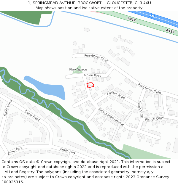 1, SPRINGMEAD AVENUE, BROCKWORTH, GLOUCESTER, GL3 4XU: Location map and indicative extent of plot