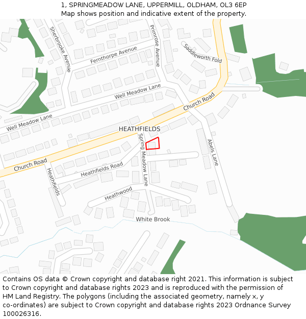 1, SPRINGMEADOW LANE, UPPERMILL, OLDHAM, OL3 6EP: Location map and indicative extent of plot