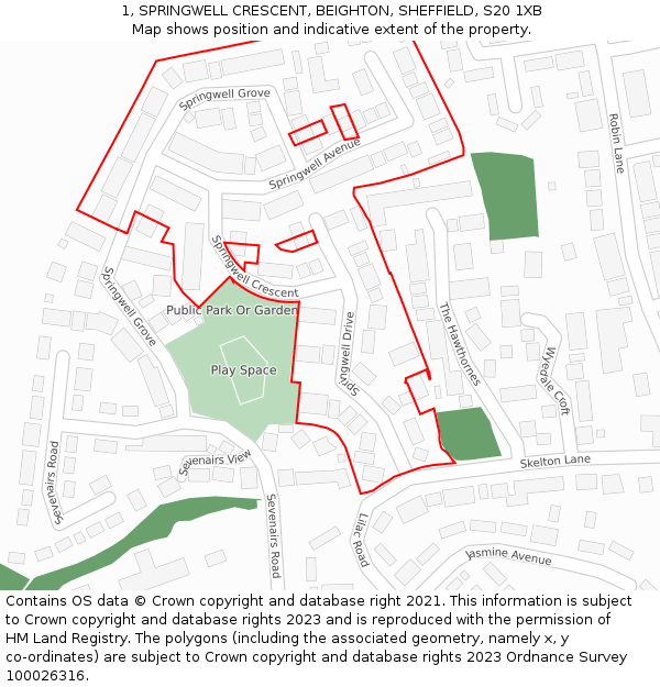 1, SPRINGWELL CRESCENT, BEIGHTON, SHEFFIELD, S20 1XB: Location map and indicative extent of plot