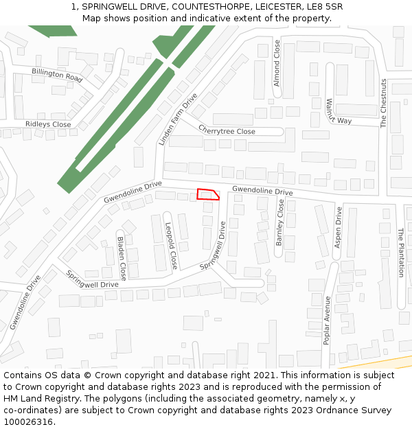 1, SPRINGWELL DRIVE, COUNTESTHORPE, LEICESTER, LE8 5SR: Location map and indicative extent of plot