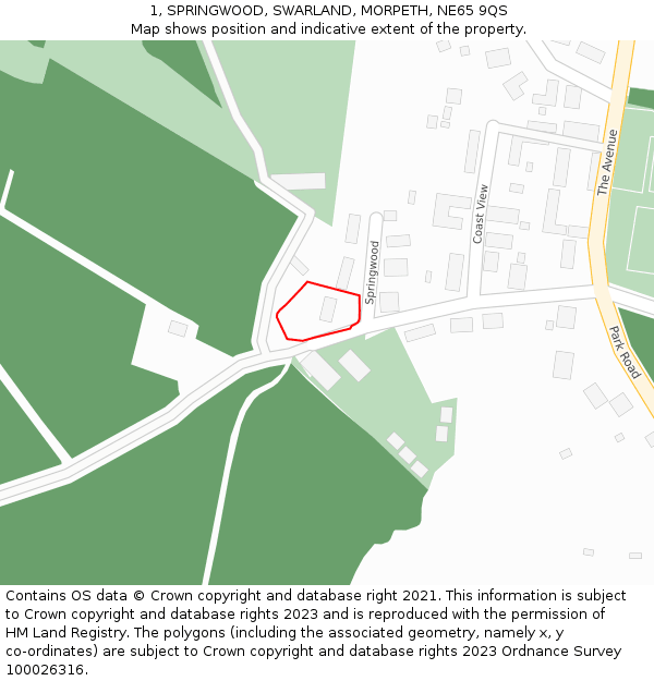 1, SPRINGWOOD, SWARLAND, MORPETH, NE65 9QS: Location map and indicative extent of plot