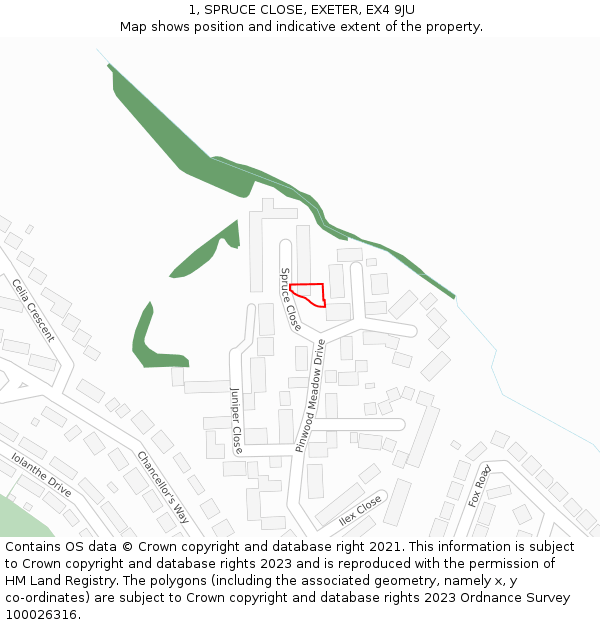 1, SPRUCE CLOSE, EXETER, EX4 9JU: Location map and indicative extent of plot