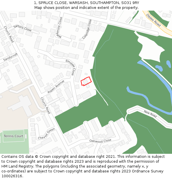 1, SPRUCE CLOSE, WARSASH, SOUTHAMPTON, SO31 9RY: Location map and indicative extent of plot