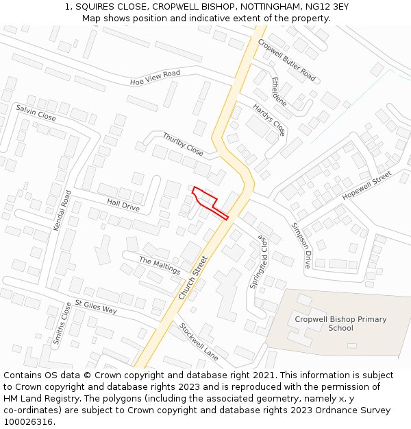 1, SQUIRES CLOSE, CROPWELL BISHOP, NOTTINGHAM, NG12 3EY: Location map and indicative extent of plot