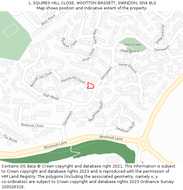 1, SQUIRES HILL CLOSE, WOOTTON BASSETT, SWINDON, SN4 8LS: Location map and indicative extent of plot