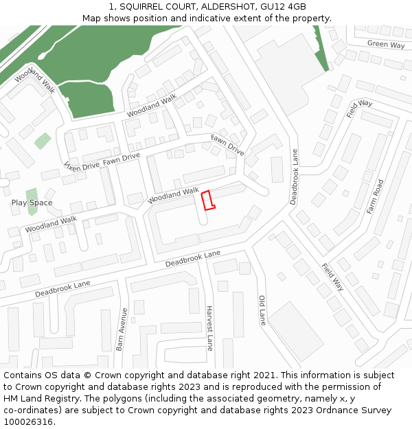 1, SQUIRREL COURT, ALDERSHOT, GU12 4GB: Location map and indicative extent of plot