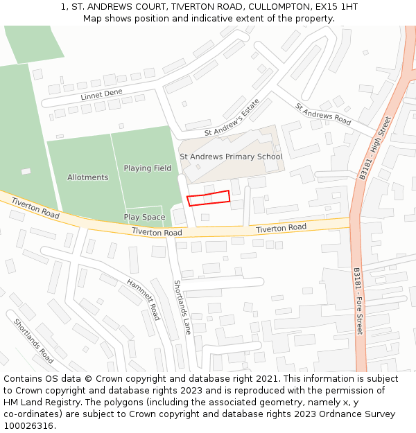 1, ST. ANDREWS COURT, TIVERTON ROAD, CULLOMPTON, EX15 1HT: Location map and indicative extent of plot