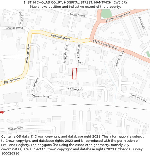 1, ST. NICHOLAS COURT, HOSPITAL STREET, NANTWICH, CW5 5RY: Location map and indicative extent of plot
