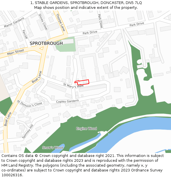 1, STABLE GARDENS, SPROTBROUGH, DONCASTER, DN5 7LQ: Location map and indicative extent of plot