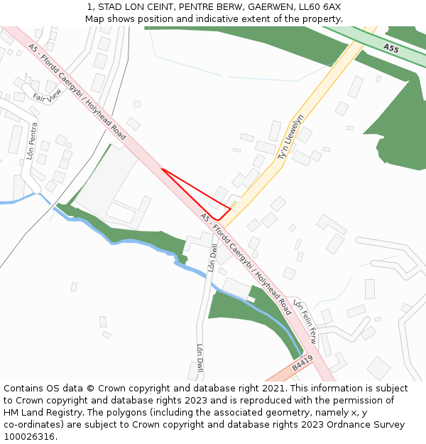 1, STAD LON CEINT, PENTRE BERW, GAERWEN, LL60 6AX: Location map and indicative extent of plot