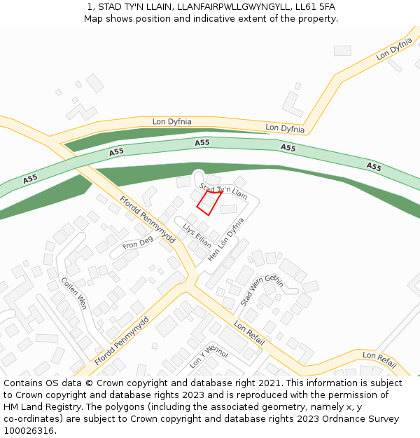 1, STAD TY'N LLAIN, LLANFAIRPWLLGWYNGYLL, LL61 5FA: Location map and indicative extent of plot
