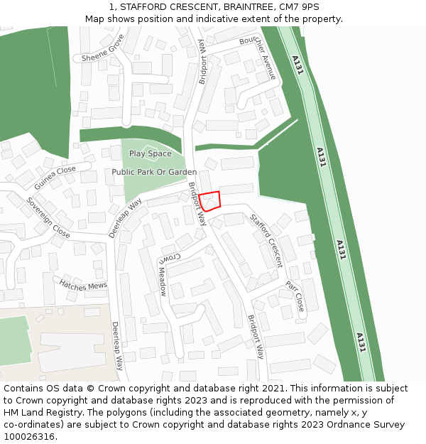1, STAFFORD CRESCENT, BRAINTREE, CM7 9PS: Location map and indicative extent of plot