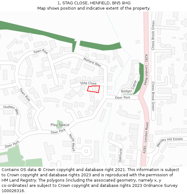 1, STAG CLOSE, HENFIELD, BN5 9HG: Location map and indicative extent of plot