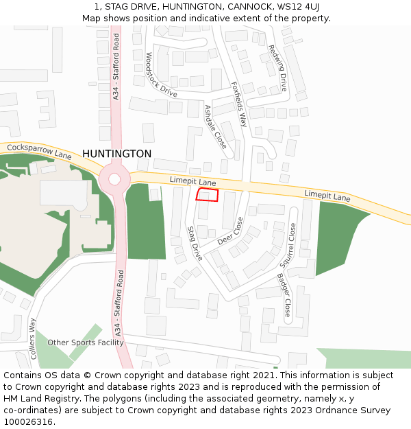 1, STAG DRIVE, HUNTINGTON, CANNOCK, WS12 4UJ: Location map and indicative extent of plot