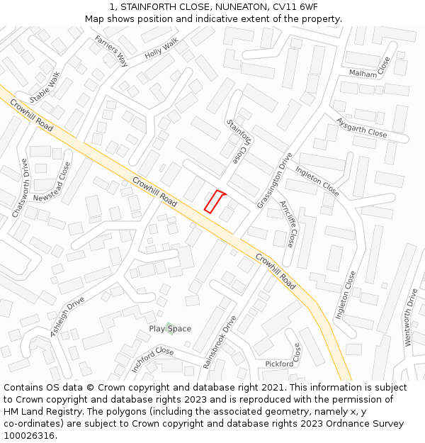 1, STAINFORTH CLOSE, NUNEATON, CV11 6WF: Location map and indicative extent of plot