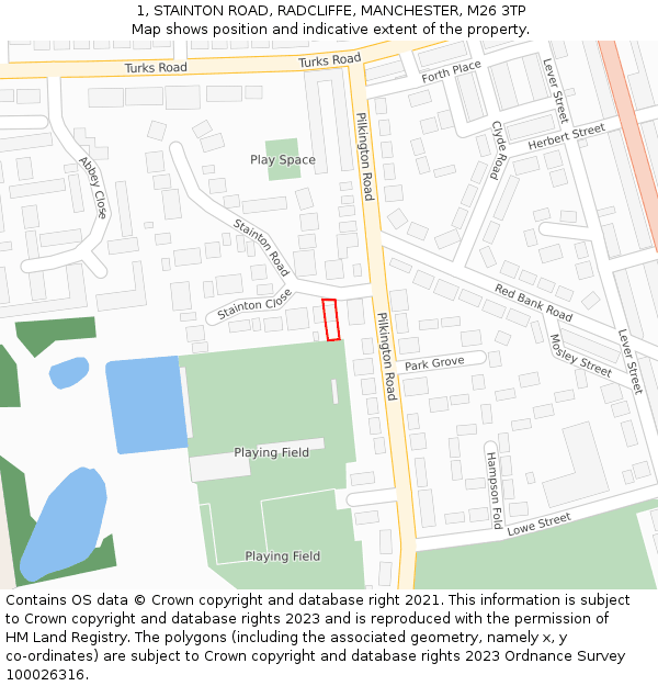 1, STAINTON ROAD, RADCLIFFE, MANCHESTER, M26 3TP: Location map and indicative extent of plot