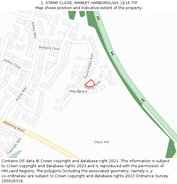 1, STAMP CLOSE, MARKET HARBOROUGH, LE16 7YF: Location map and indicative extent of plot